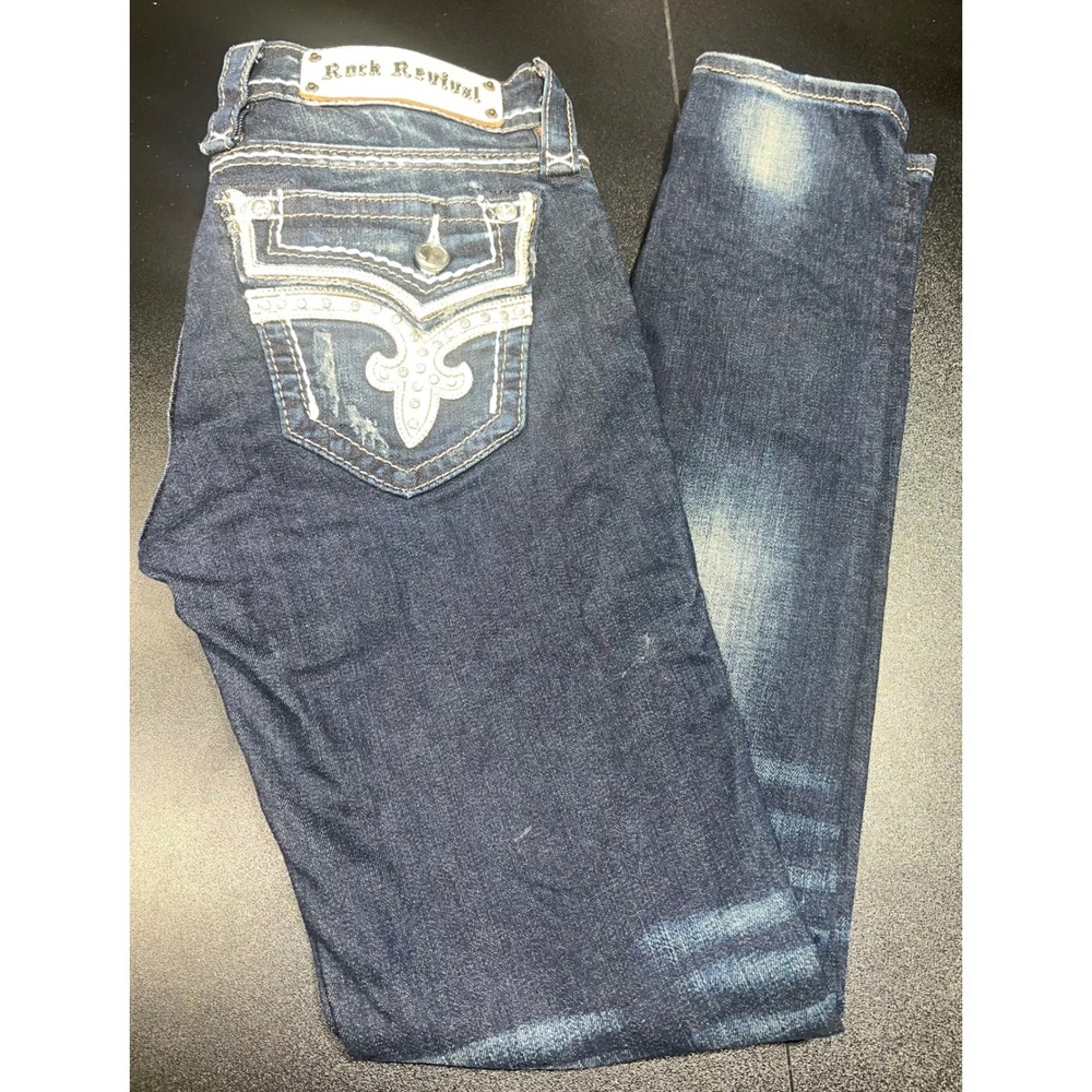 Rock Revival Kai Ankle Skinny Jeans‎ Dark Wash Embroidered Flap Pocket Size 26